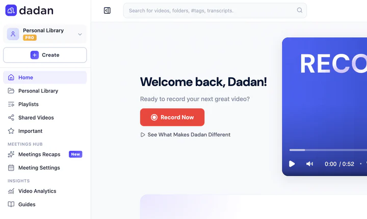 Meetings Hub in the Dadan left menu, showing Meeting Recaps and Meeting Settings