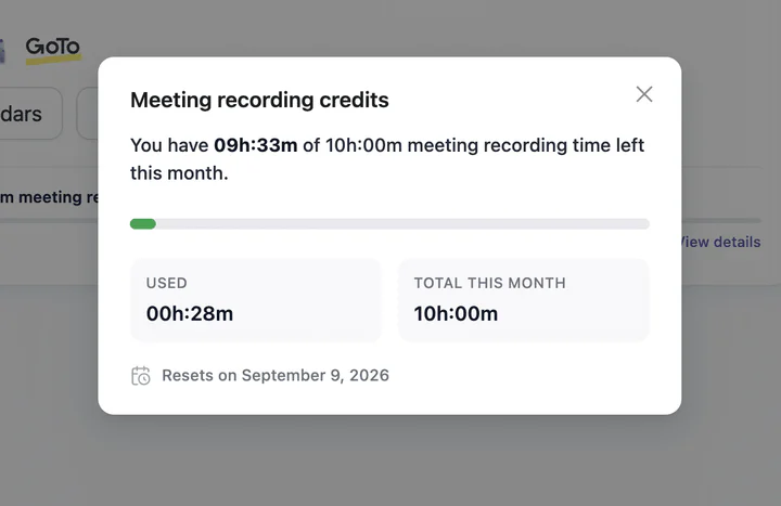 Meeting recording credits, showing used and total recording time this month