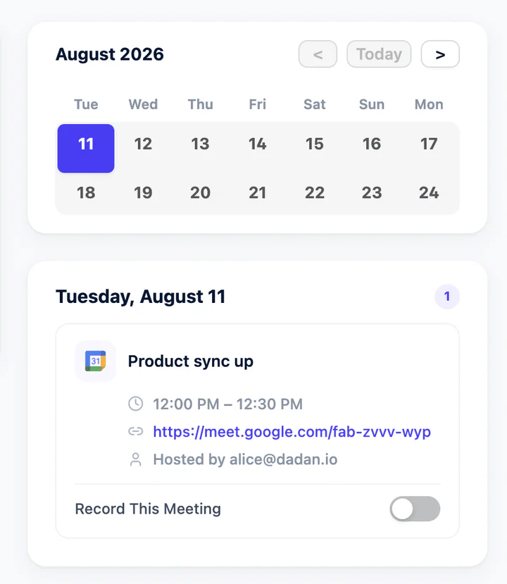 An upcoming meeting with the Record This Meeting toggle
