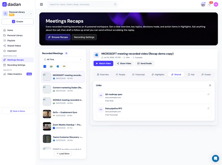 The Meeting Recaps view with the list of recorded meetings and detail tabs