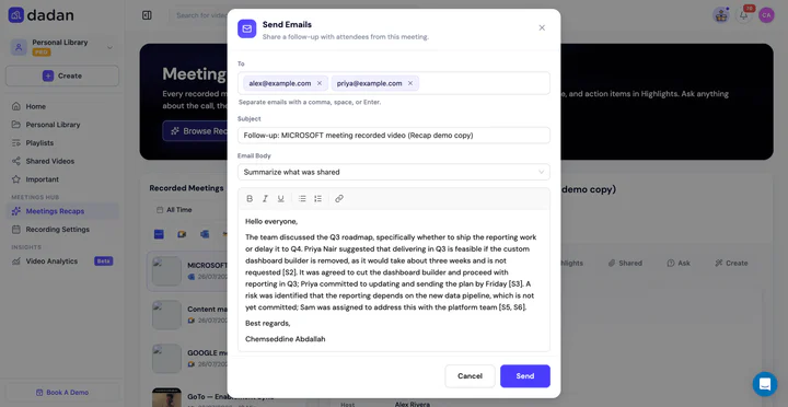 The Send Emails window with prefilled recipients, subject, and summary