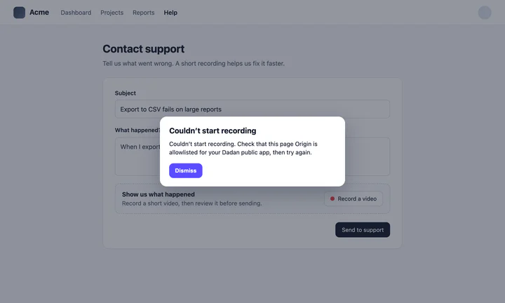 The studio dialog titled Couldn't start recording, asking to check that the page origin is allowlisted for the Dadan public app