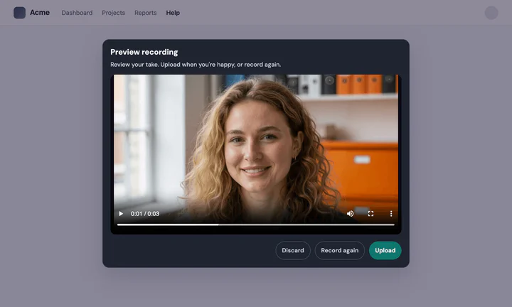The studio review screen in dark appearance with a teal Upload button
