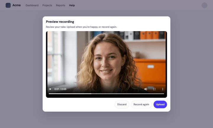 The studio preview screen showing the recorded take with Discard, Record again and Upload buttons
