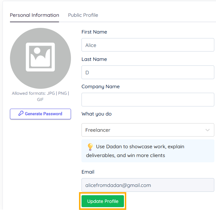 Update Profile button