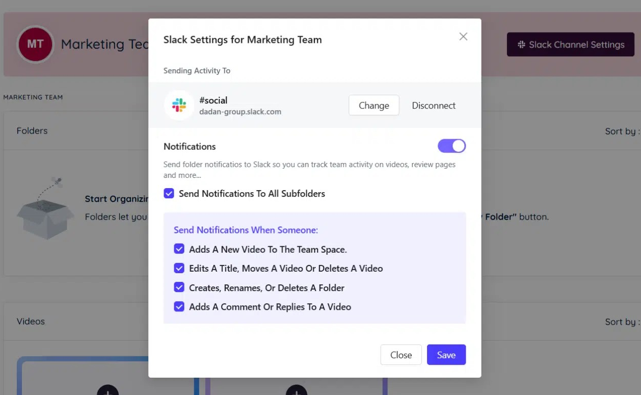 Slack Settings for Marketing Team will pop up