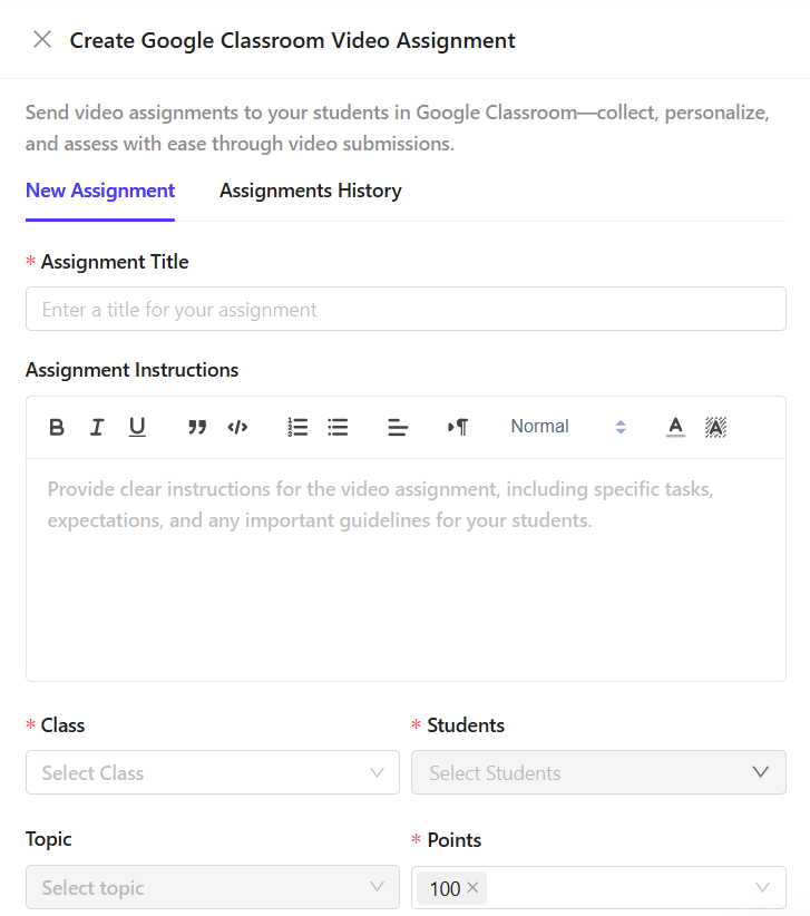 Create a Google Classroom Video Assignment window