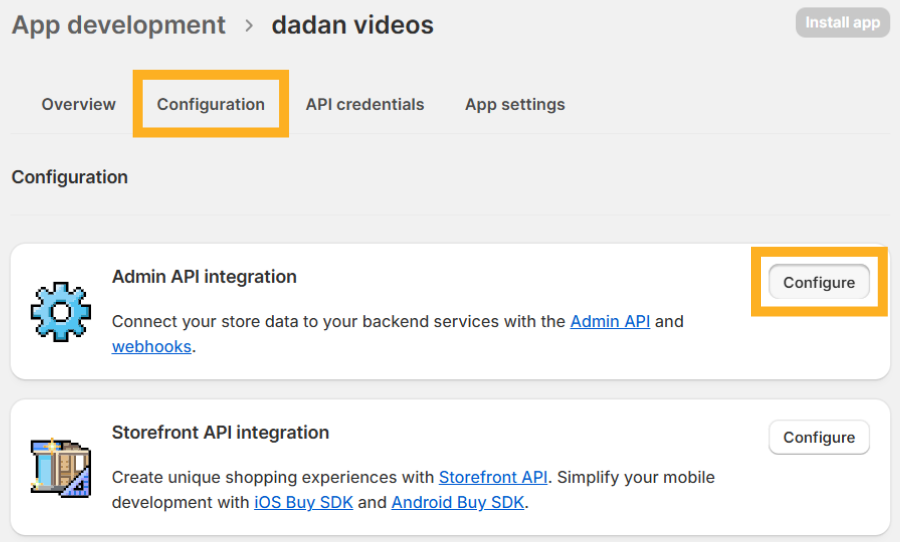 Go to the Configuration tab on the app page and click Configure