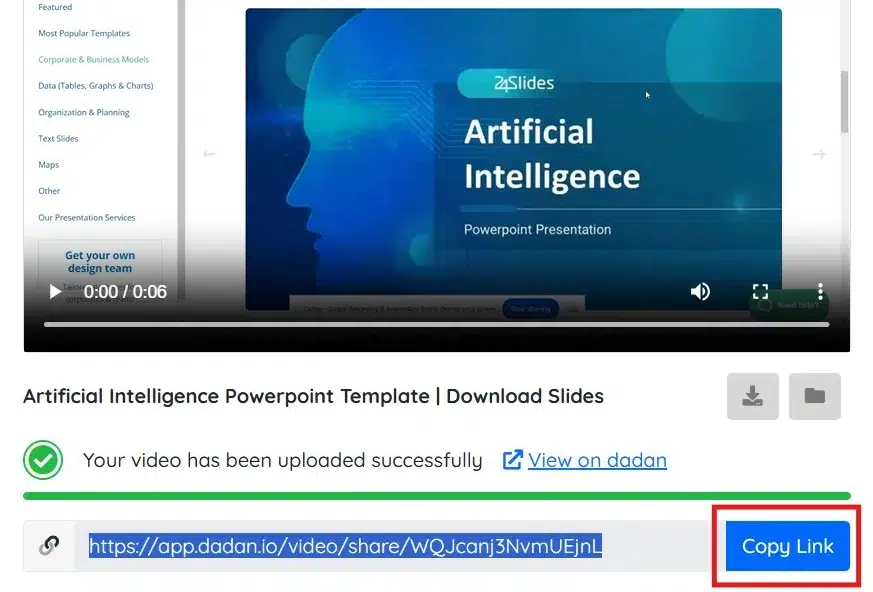 Clicking the Copy Link button