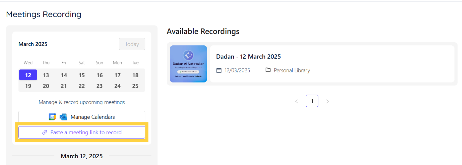 Click Paste a meeting link to record Click Paste a meeting link to record