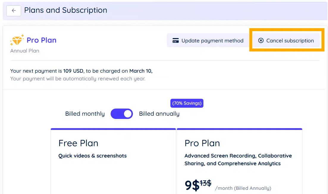 Cancel subscription button