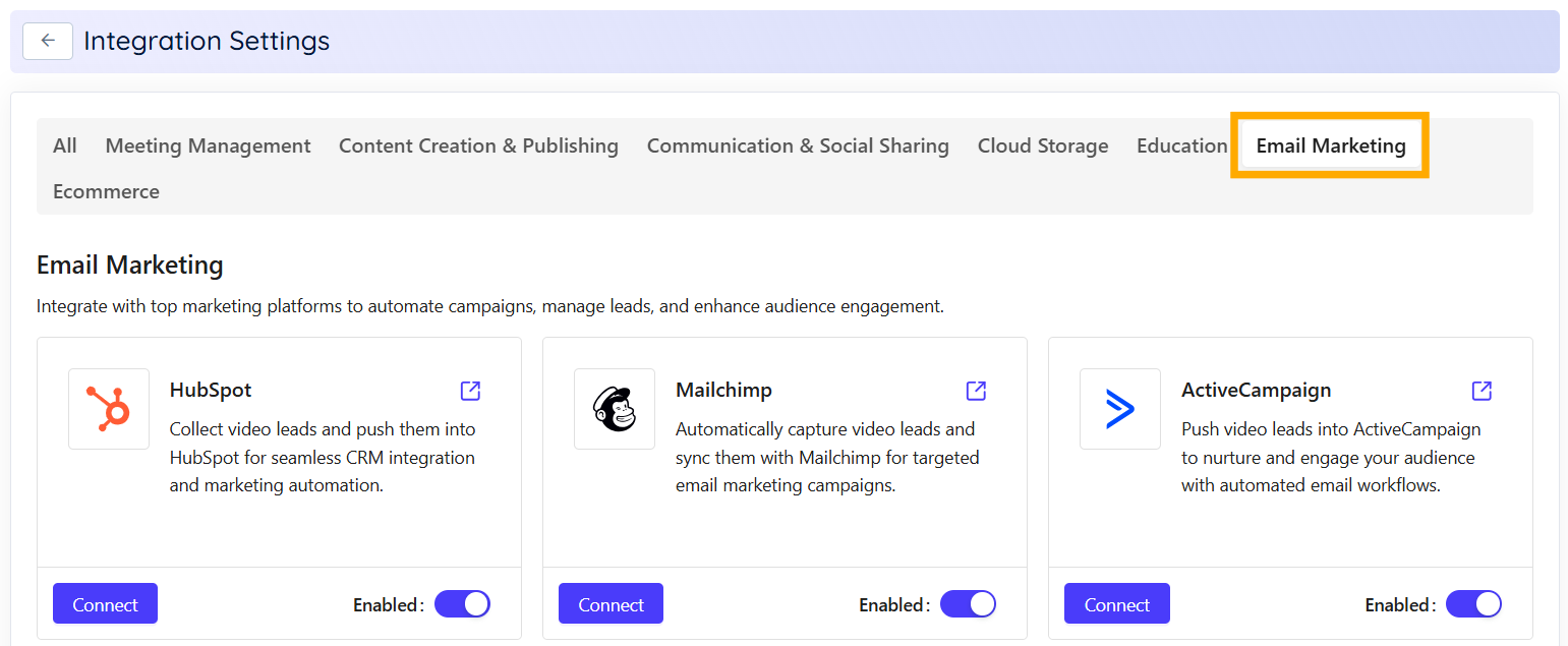 Email Marketing tab Email Marketing tab