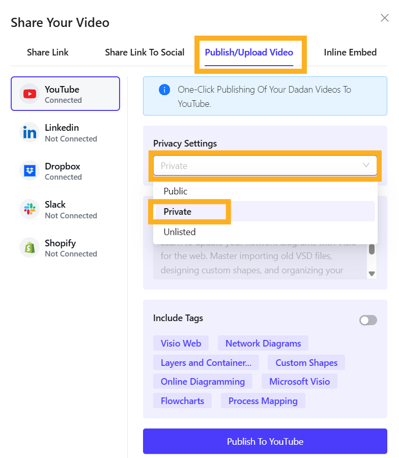 Publish/Upload Video tab