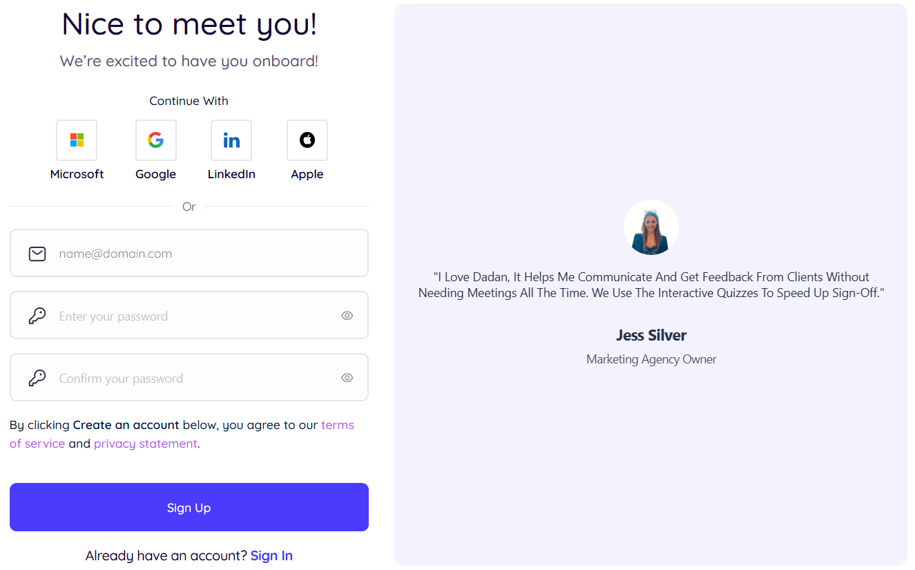 Sign Up to create your dadan account