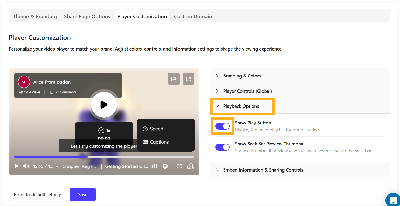 Playback Options section