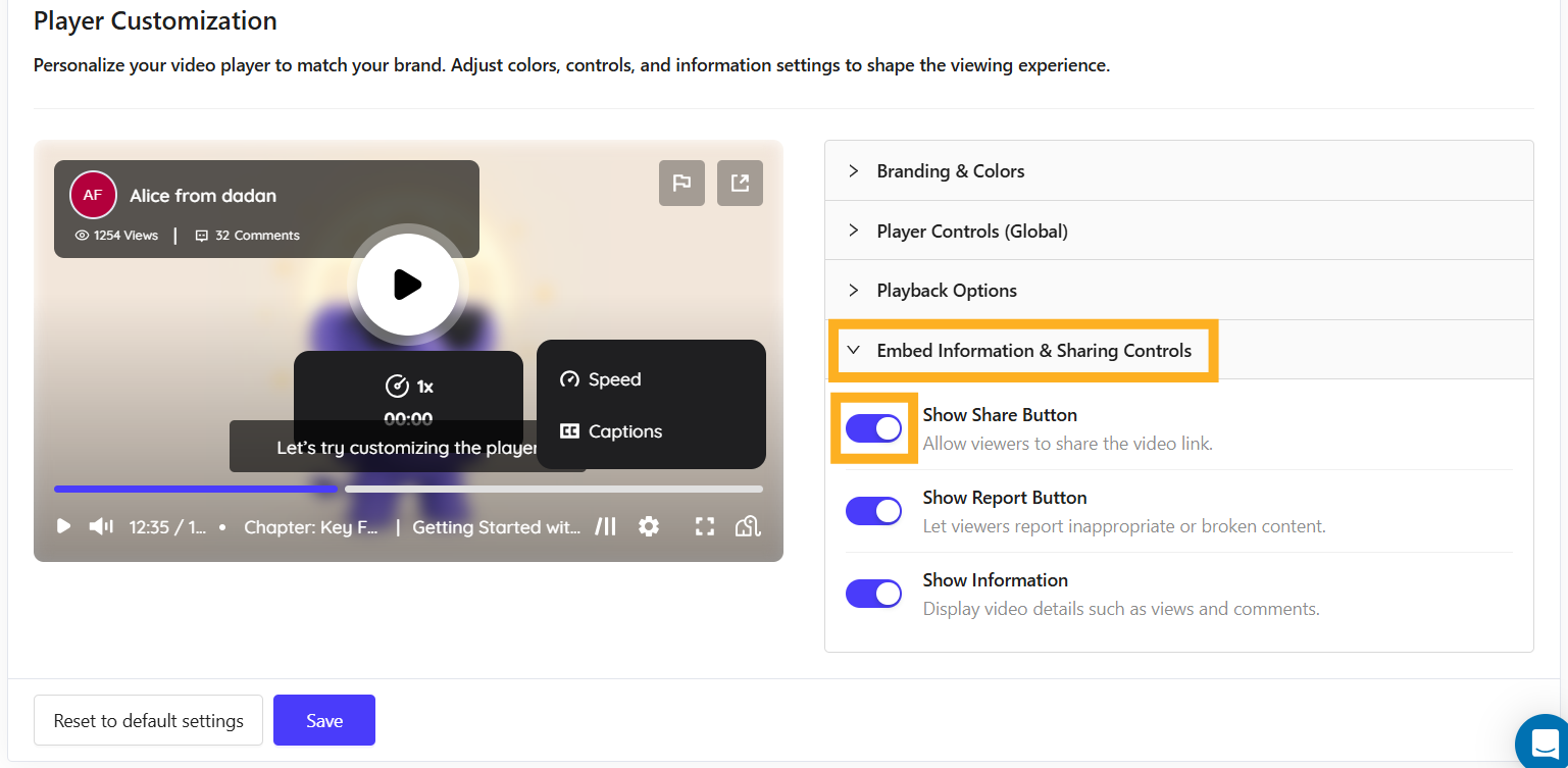 Embed Information & Sharing Controls section