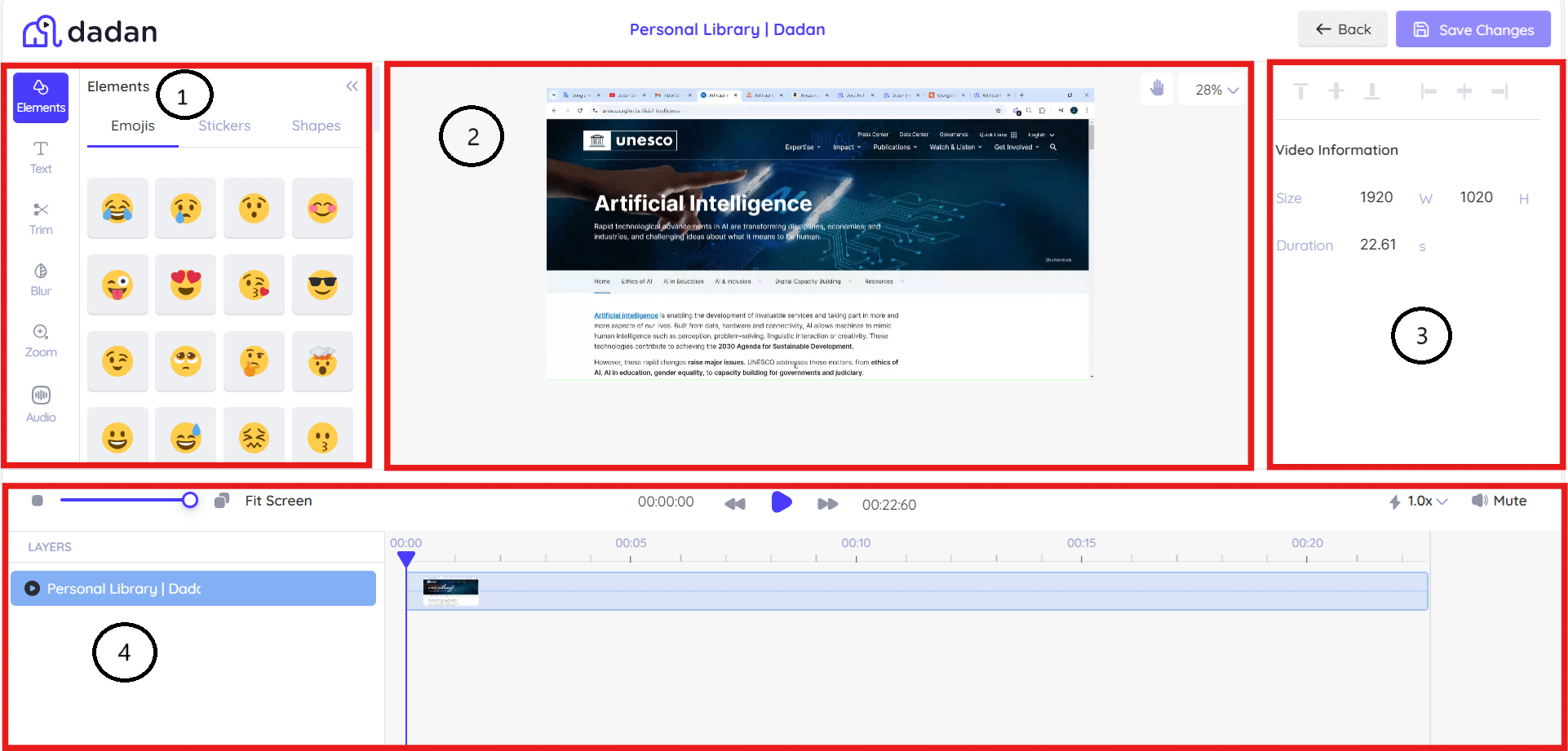 dadan Video Editor four main panels
