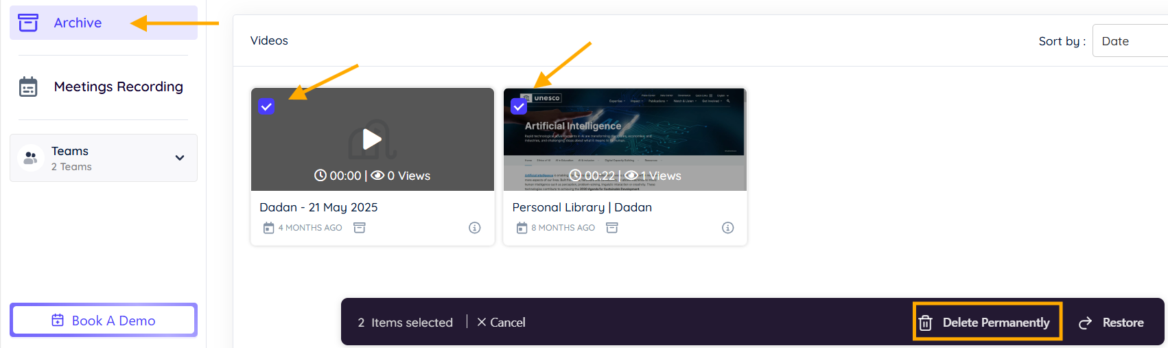 Delete multiple videos permanently