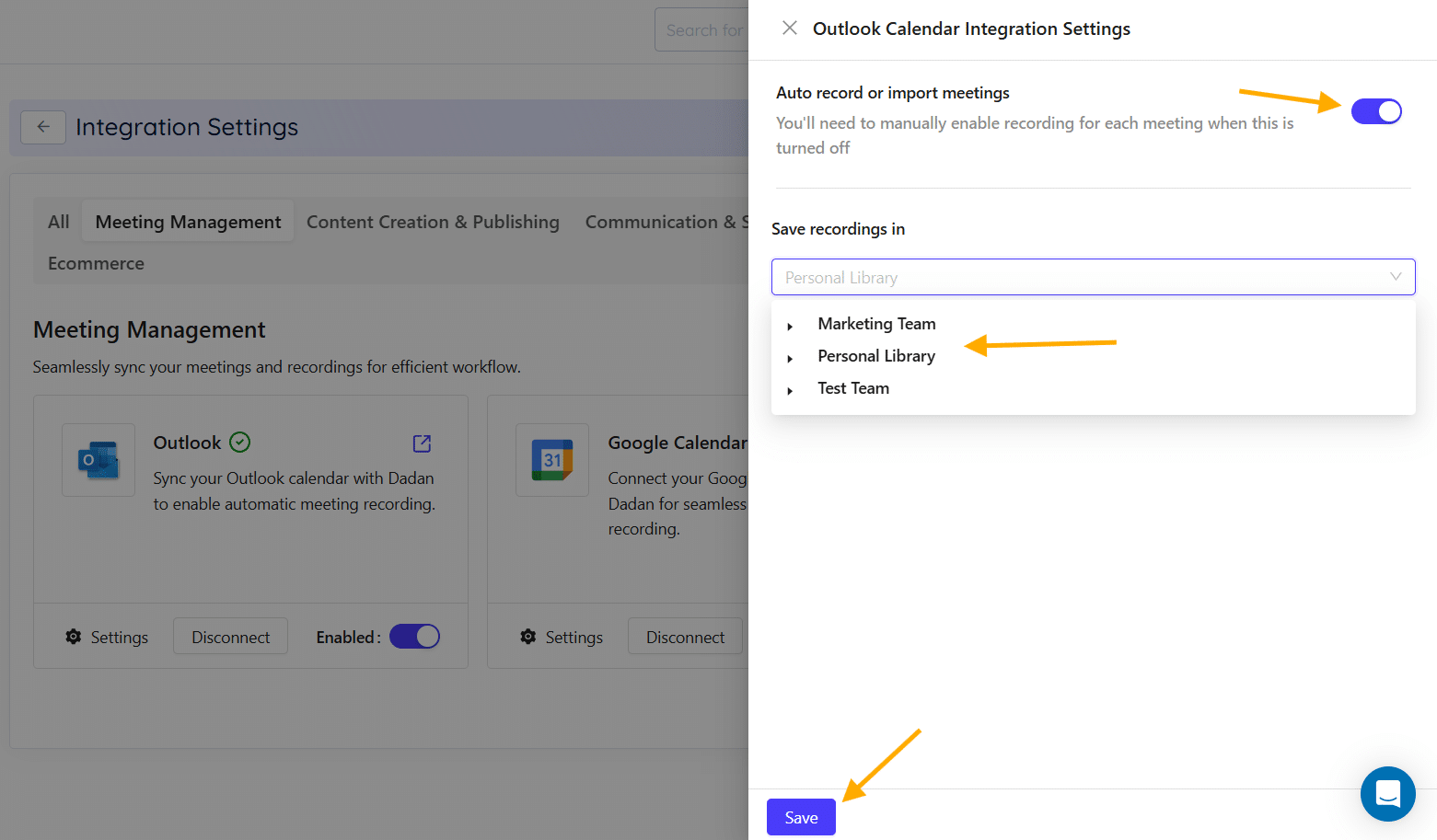The Calendar Integration Settings pop-up