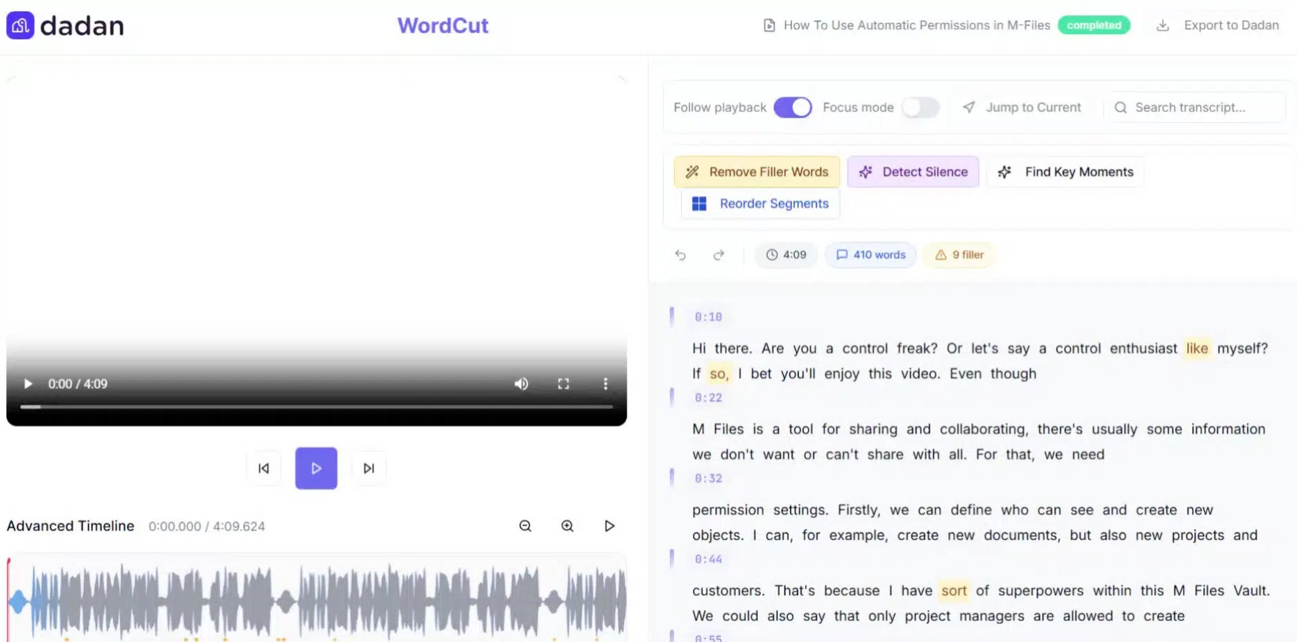 Transcript Editor interface