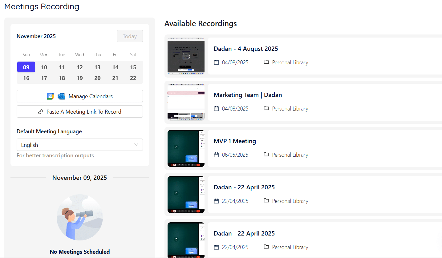 Meetings Recording page