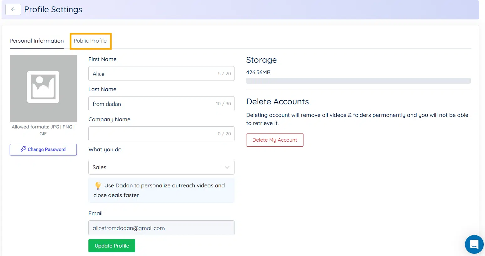 Click on the Public Profile tab