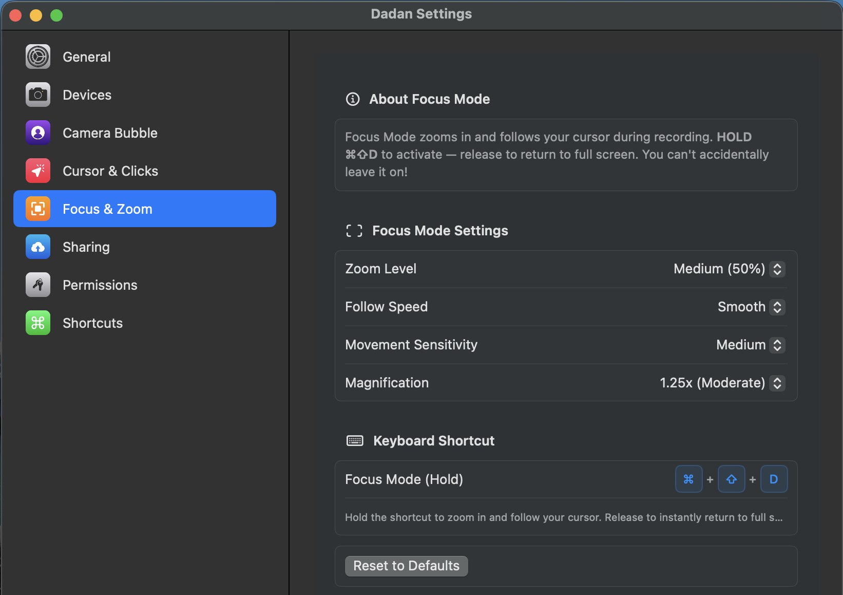 Focus & Zoom settings