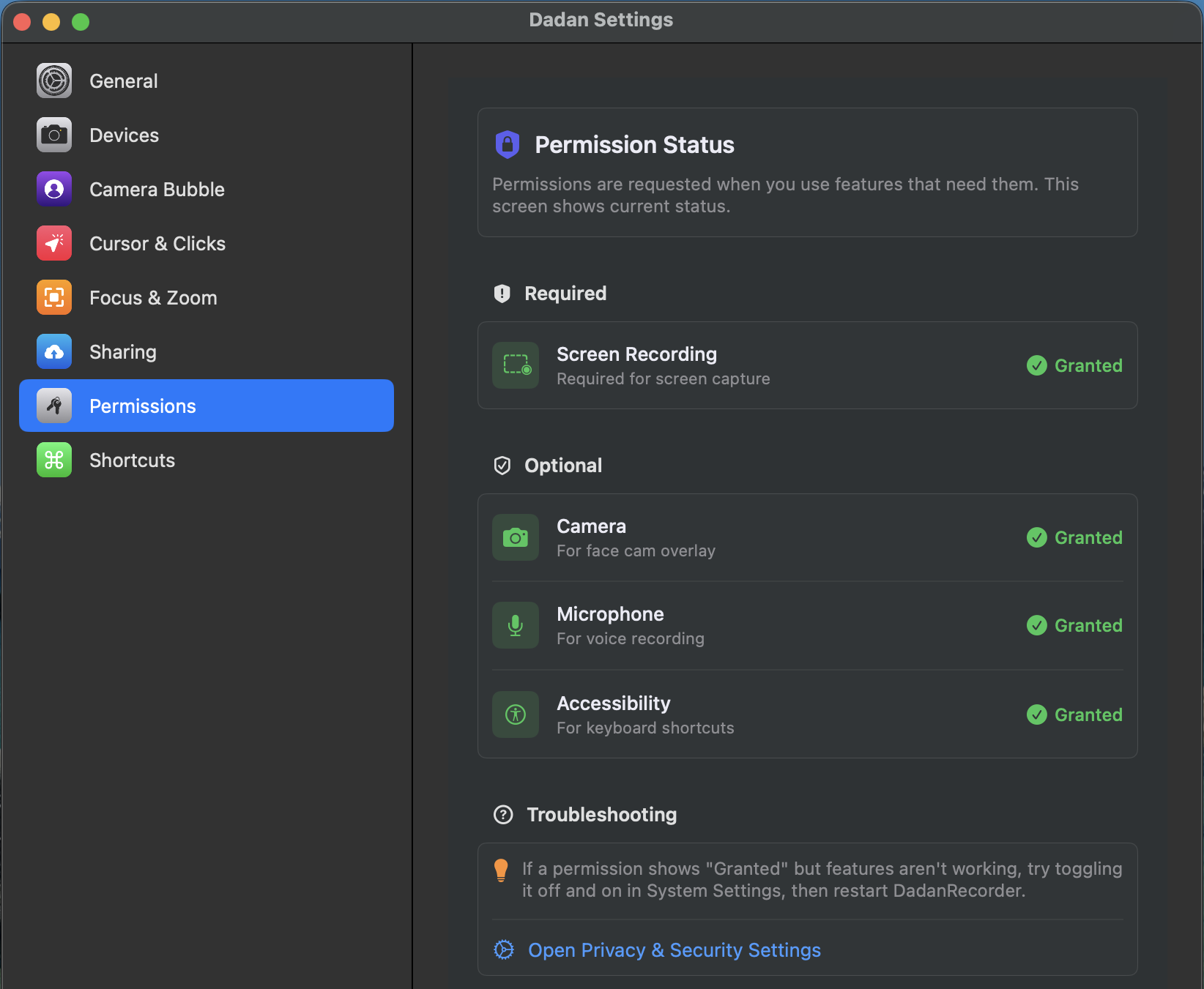 Permissions settings