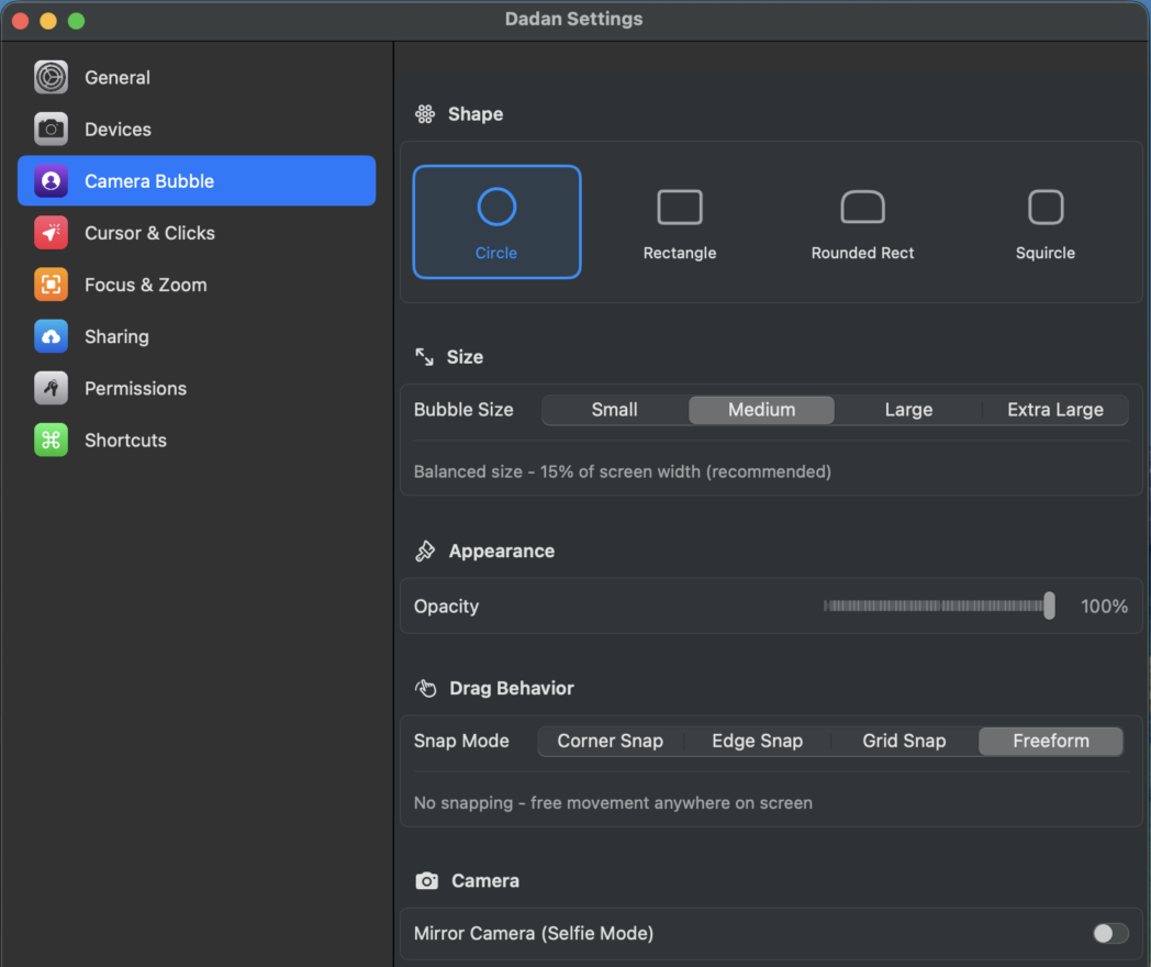 Dadan Mac desktop app settings categories - dadan knowledge base