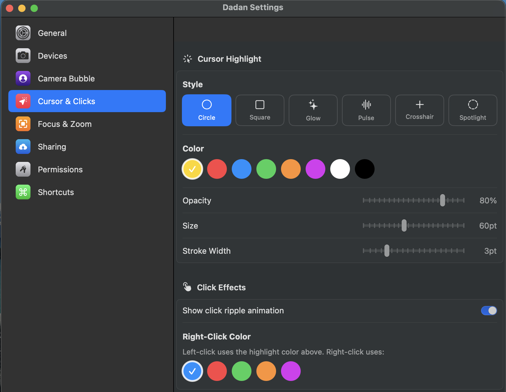 Cursor & Clicks settings