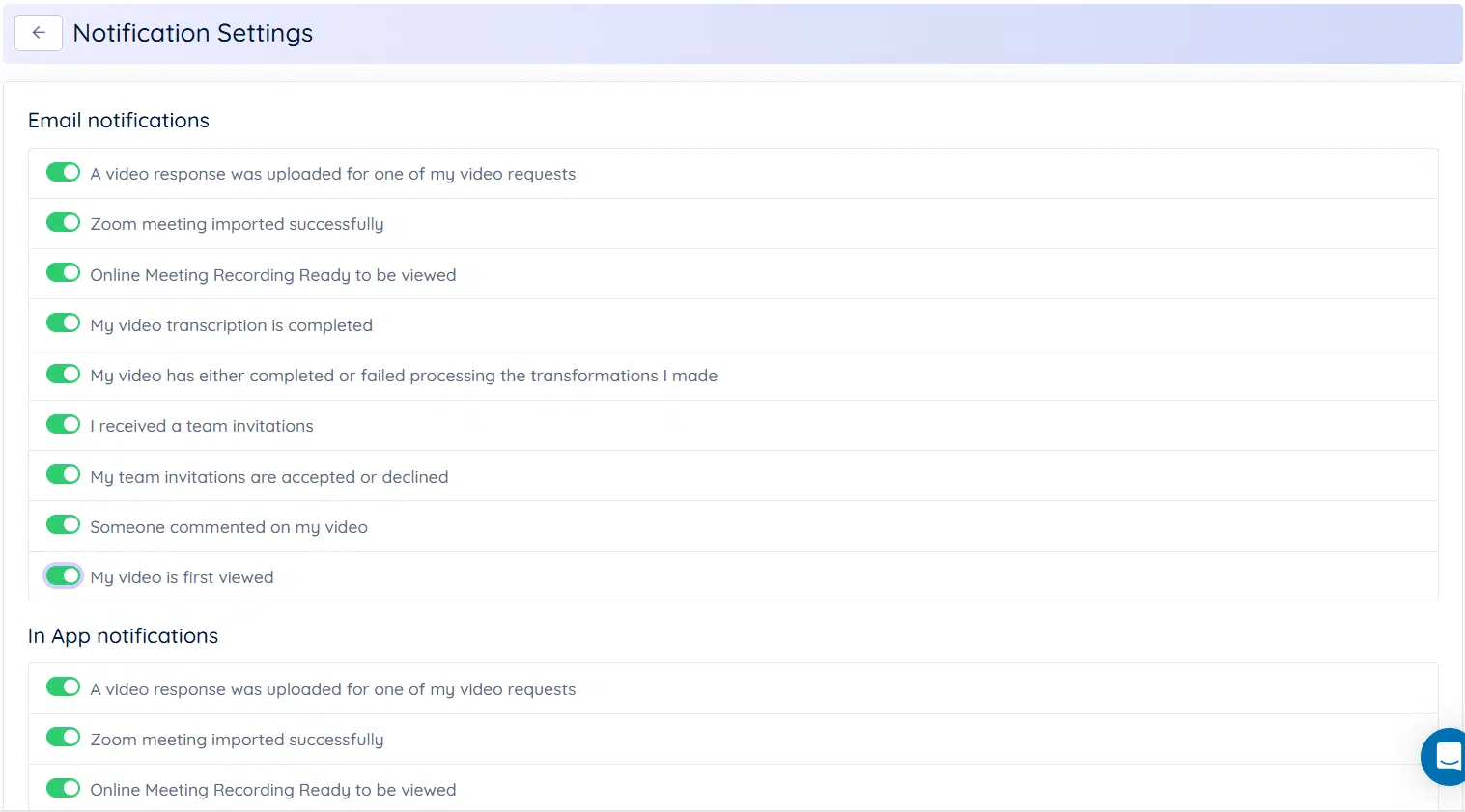 Notification settings panel