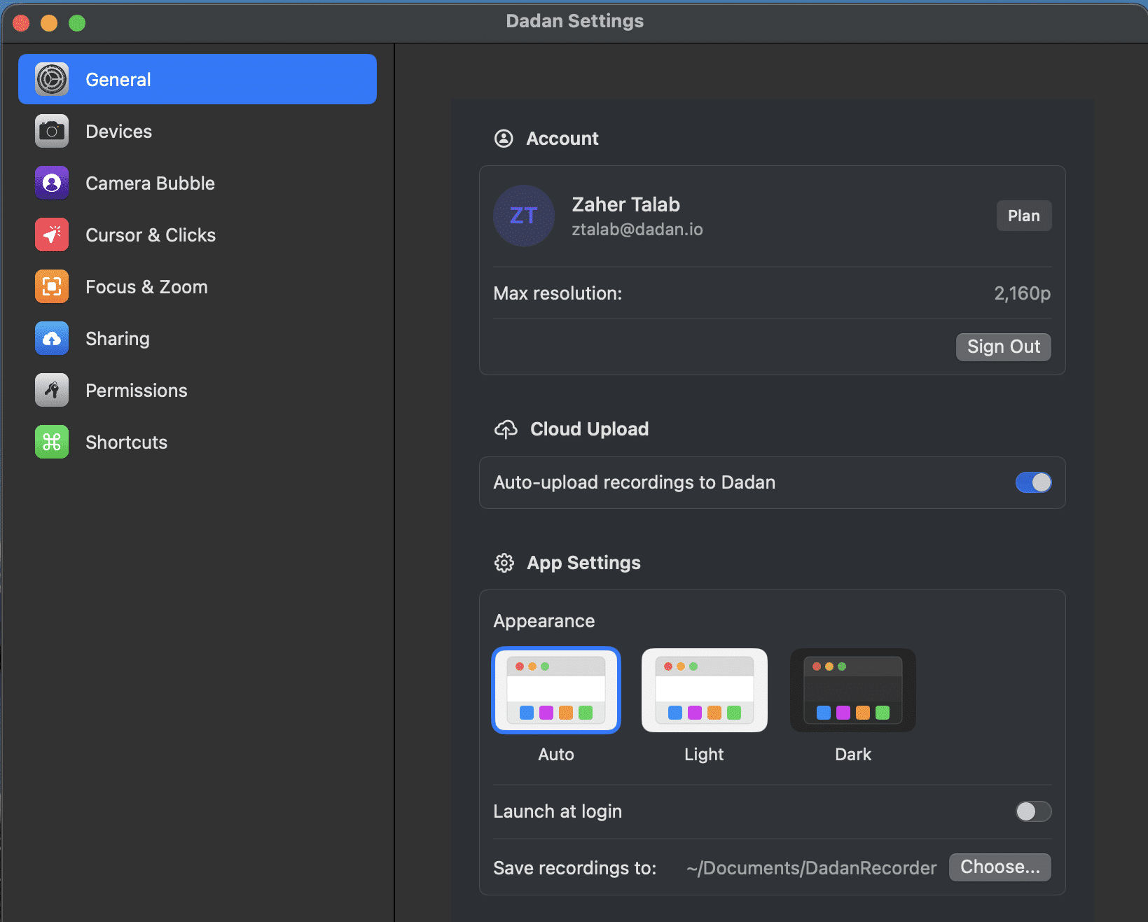 Dadan Mac desktop app settings