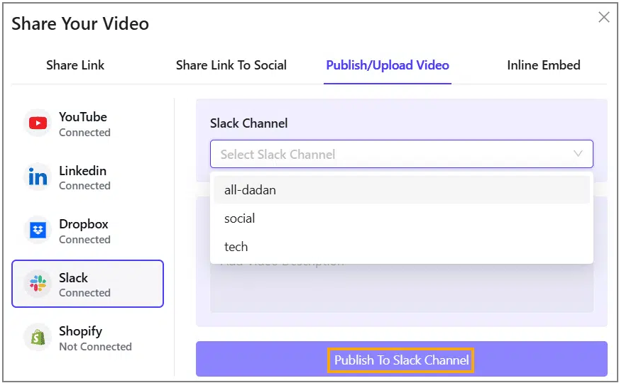 Click Publish To Slack Channel