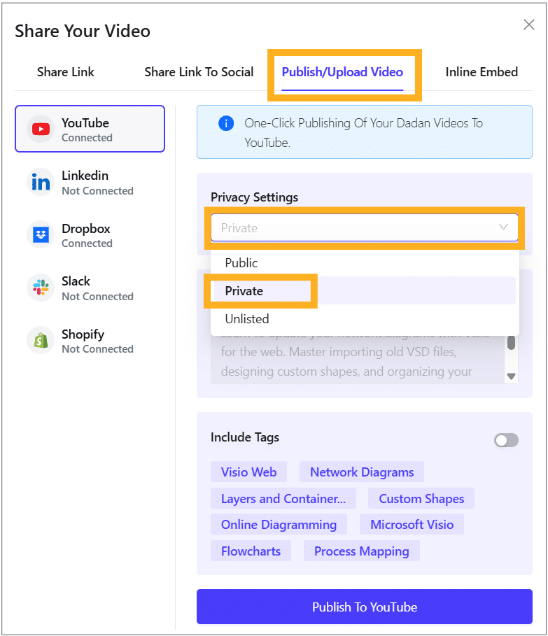 Publish/Upload Video tab