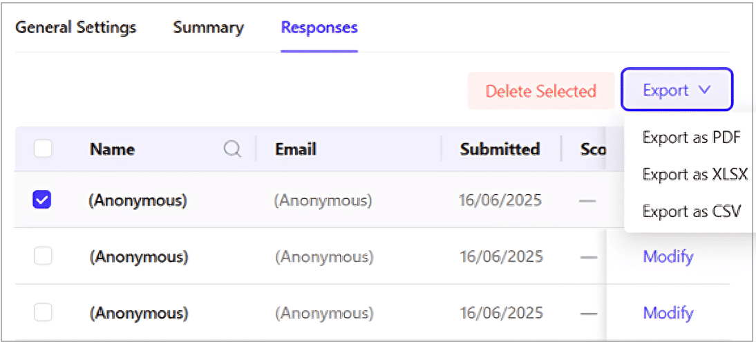 Responses tab Responses tab