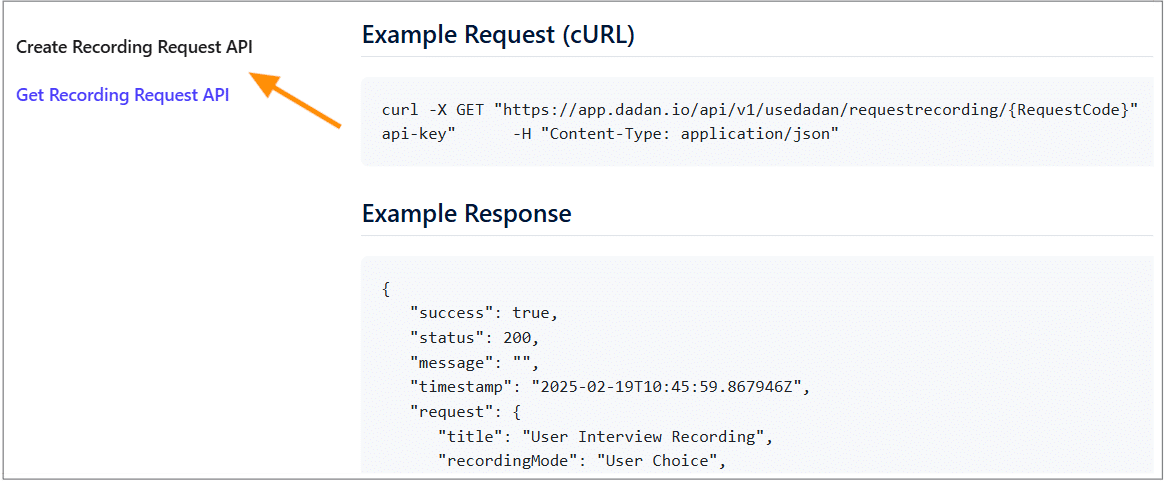 Create Recording Request API and Get Recording Request API