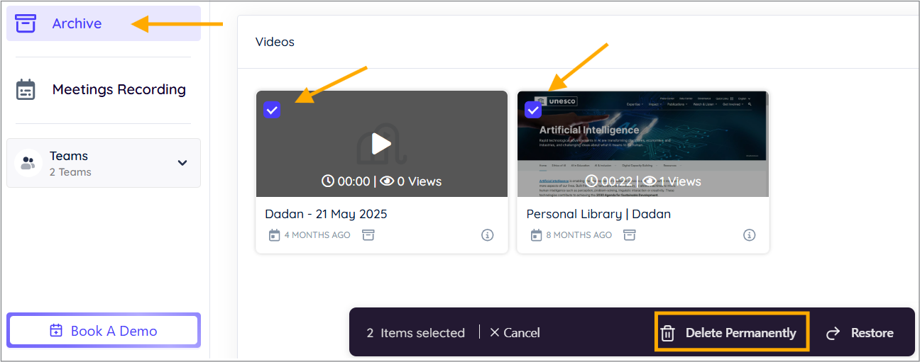Delete multiple videos permanently