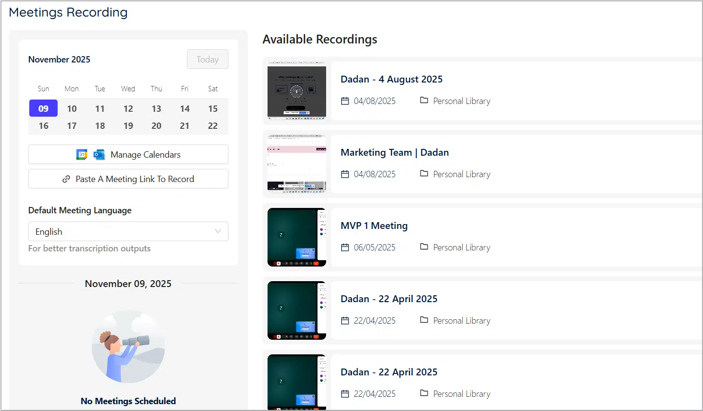 Meetings Recording page