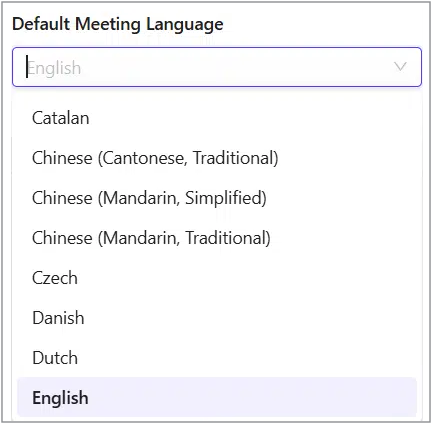 Default Meeting Language drop-down menu
