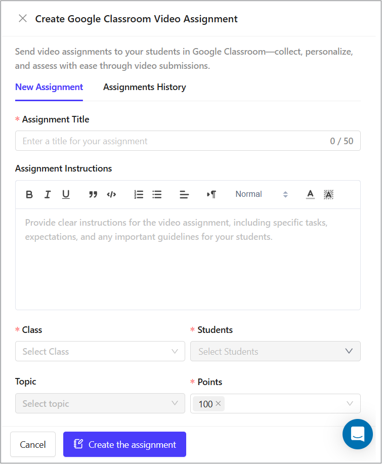 Create a Google Classroom Video Assignment window Create a Google Classroom Video Assignment window