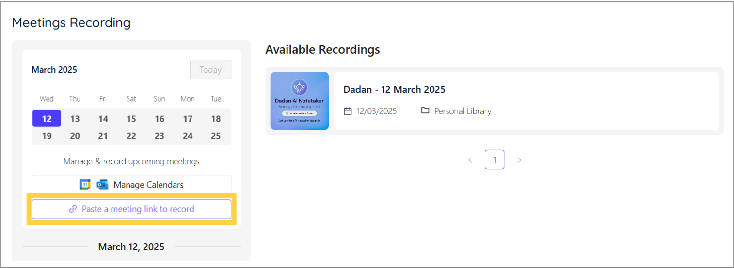 Click Paste a meeting link to record