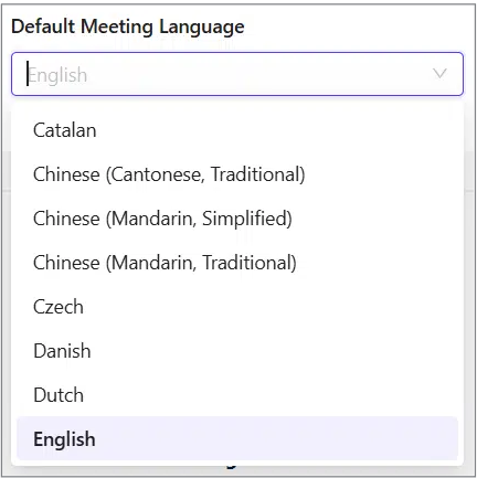 Default Meeting Language drop-down menu