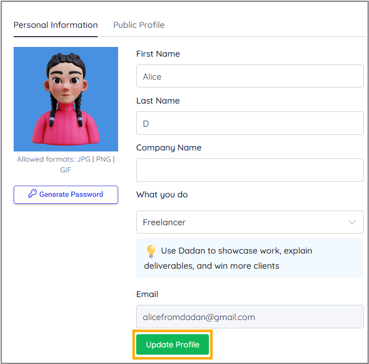 Update Profile button