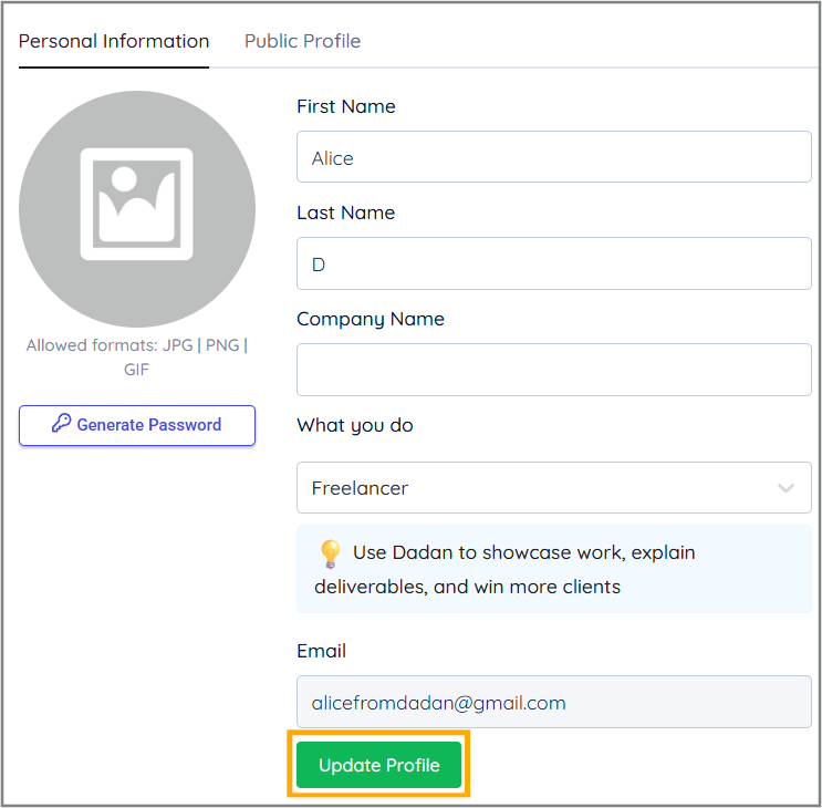 Update Profile button