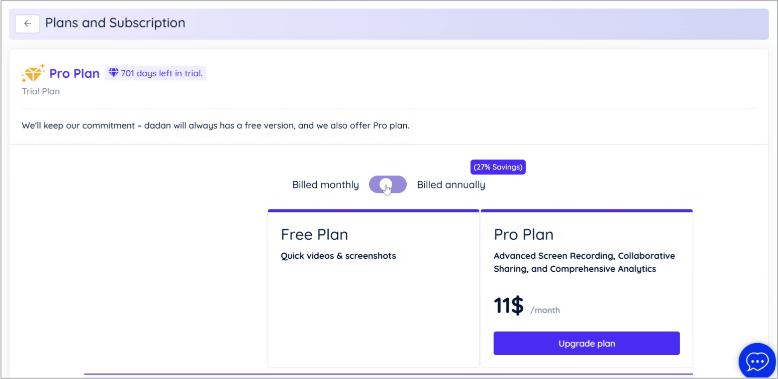 Plans and Subscriptions screen