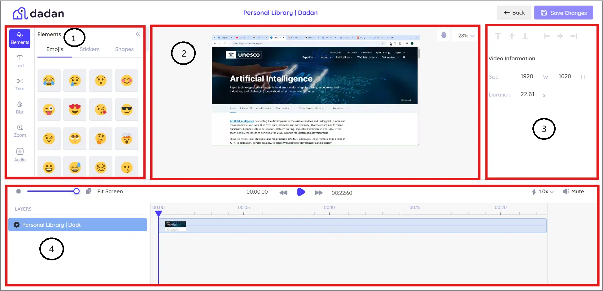 Dadan Video Editor four main panels