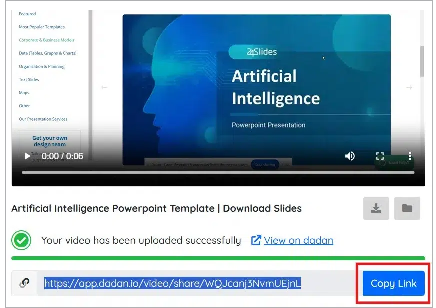 Clicking the Copy Link button