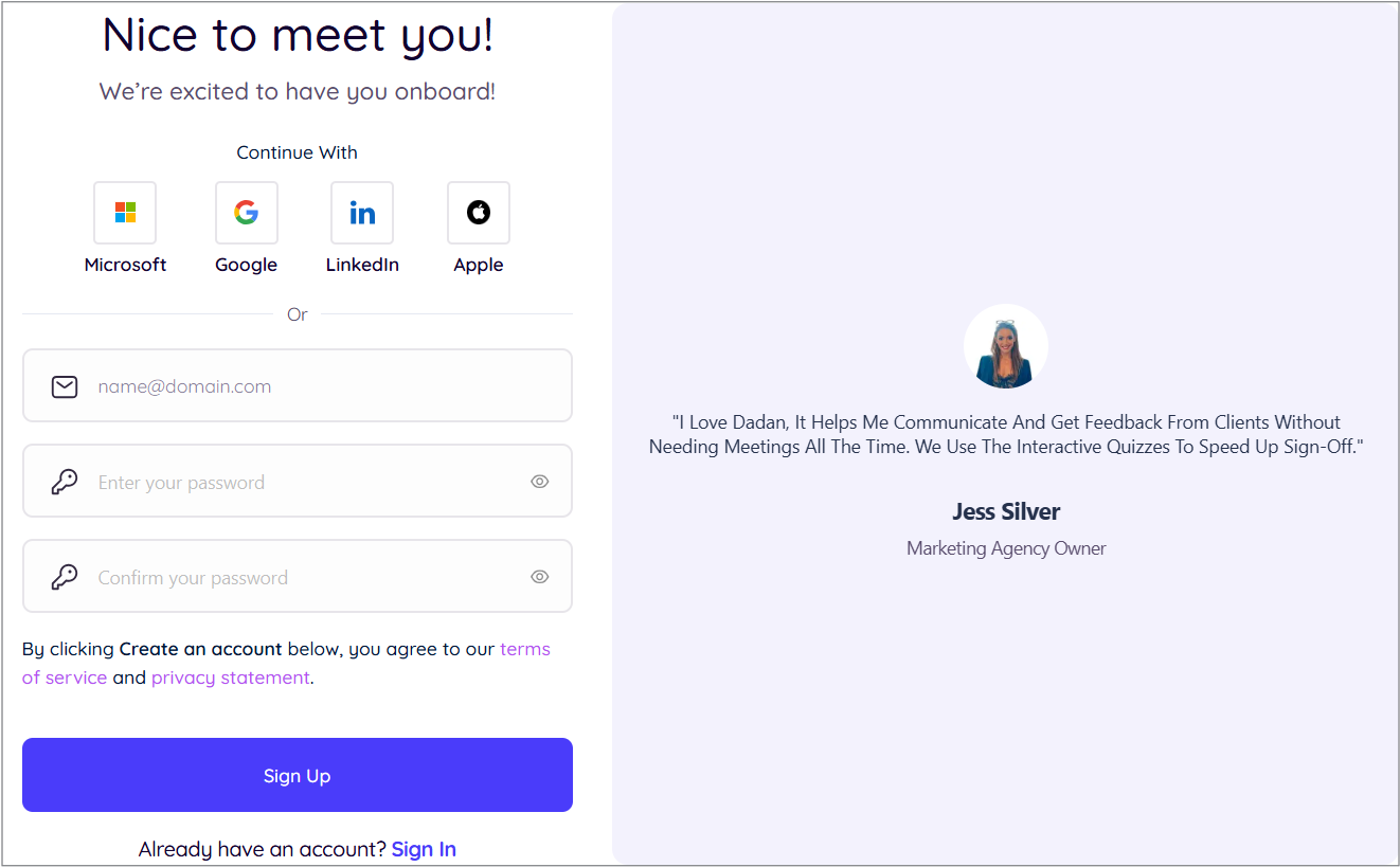 Sign Up to create your dadan account