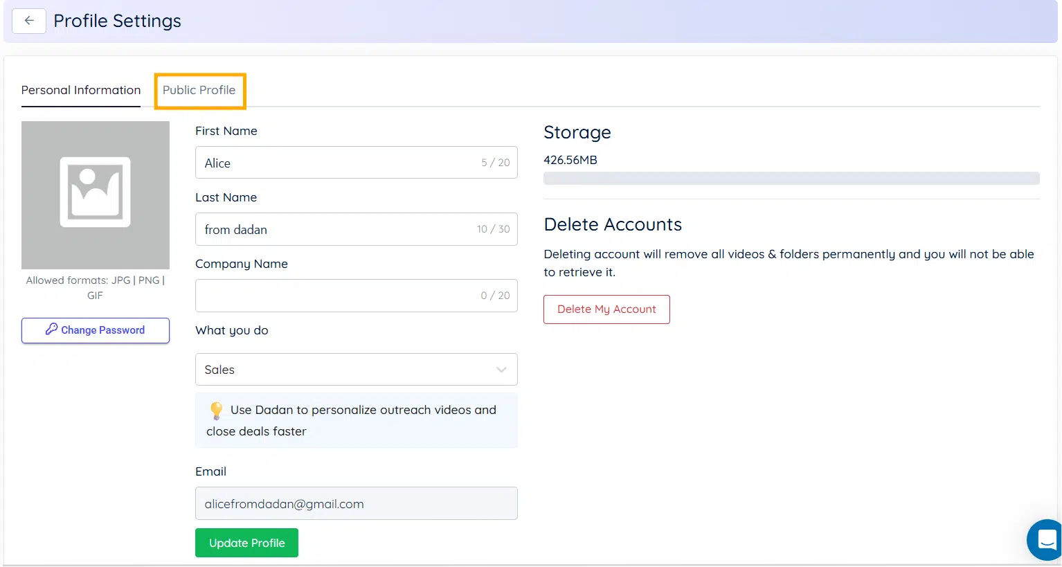 Click on the Public Profile tab