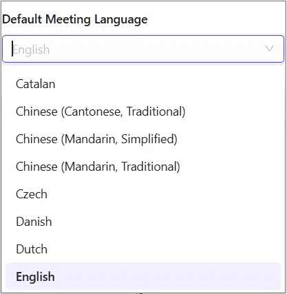 Default Meeting Language drop-down menu